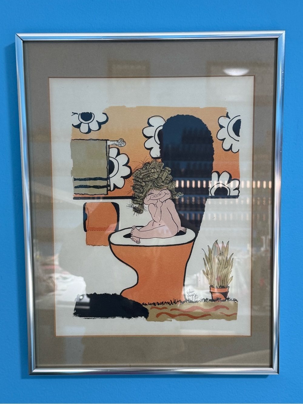 Helen Meyer Vintage Framed Bathroom Art Lithograph Print
